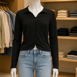 H&M Divided Women Top Black Long Sleeve Collared Button Front Crop M